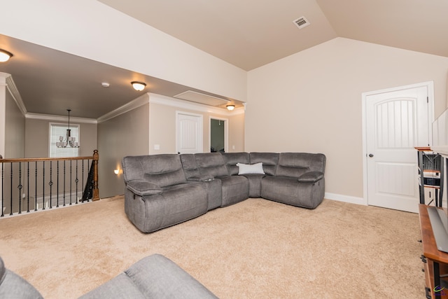 230 Misty Valley Ln, Bonaire, GA 31005 - living area with carpet floors, a chandelier, vaulted ceiling, and crown molding