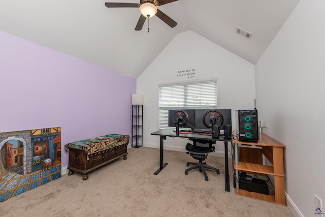 230 Misty Valley Ln, Bonaire, GA 31005 - home office with lofted ceiling, a ceiling fan, and carpet floors