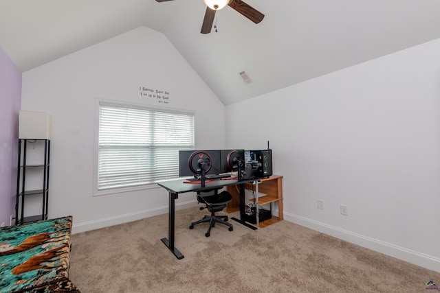 230 Misty Valley Ln, Bonaire, GA 31005 - office area featuring ceiling fan, vaulted ceiling, and carpet floors
