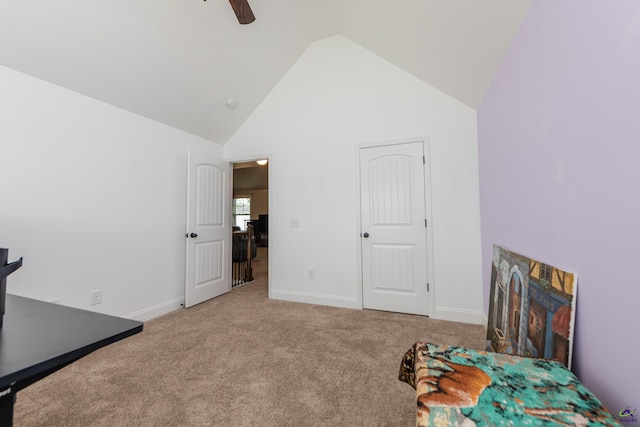 230 Misty Valley Ln, Bonaire, GA 31005 - sitting room with high vaulted ceiling, ceiling fan, and carpet flooring