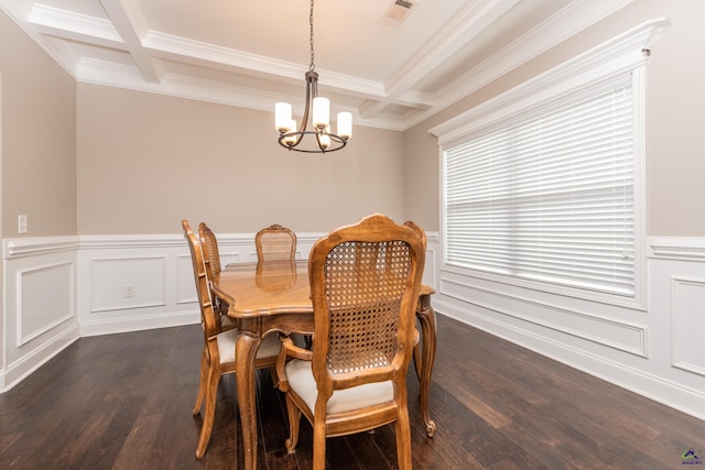 230 Misty Valley Ln, Bonaire, GA 31005 - dining area featuring coffered ceiling, a chandelier, ornamental molding, beam ceiling, and dark wood-style flooring