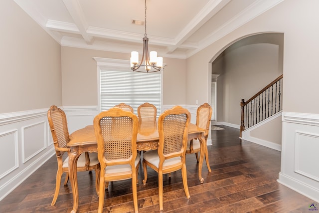 230 Misty Valley Ln, Bonaire, GA 31005 - dining space with a chandelier, coffered ceiling, beam ceiling, dark wood finished floors, and arched walkways