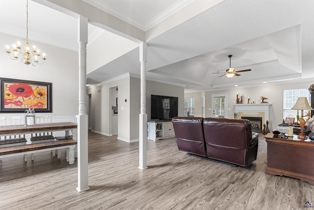 111 Venus Way, Bonaire, GA 31005 - living area with wood finished floors, a raised ceiling, a ceiling fan, a fireplace, and ornamental molding