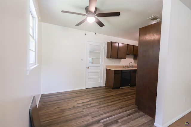 431 Alabama Ave, Warner Robins, GA 31093 - kitchen featuring dishwasher, ceiling fan, dark brown cabinetry, dark wood-type flooring, and light countertops