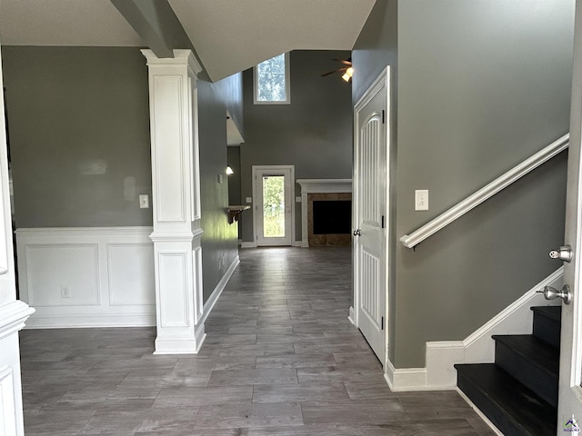 228 Piedmont Ln, Bonaire, GA 31005 - hall with decorative columns, stairs, and a high ceiling