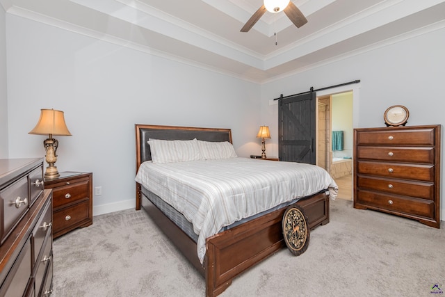 202 Brook Hollow Ct, Kathleen, GA 31047 - bedroom featuring light colored carpet, crown molding, a barn door, a raised ceiling, and connected bathroom