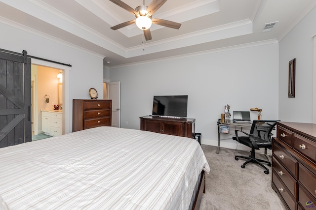 202 Brook Hollow Ct, Kathleen, GA 31047 - bedroom featuring a tray ceiling, light carpet, ornamental molding, a desk, and a barn door
