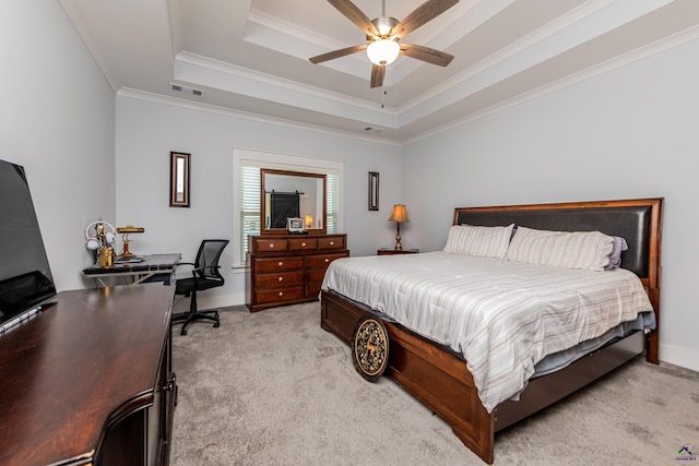 202 Brook Hollow Ct, Kathleen, GA 31047 - bedroom with a tray ceiling, ornamental molding, light colored carpet, an office area, and ceiling fan