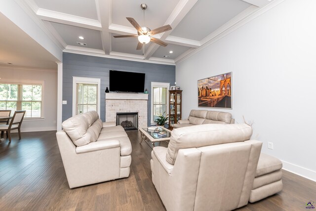202 Brook Hollow Ct, Kathleen, GA 31047 - living room with ceiling fan, coffered ceiling, dark wood finished floors, a fireplace, and beamed ceiling