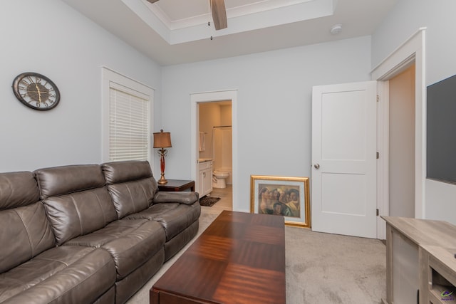 202 Brook Hollow Ct, Kathleen, GA 31047 - living room with a ceiling fan, light carpet, and a tray ceiling