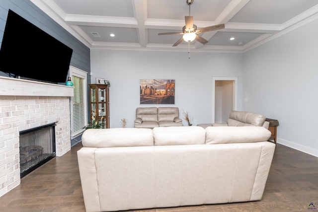 202 Brook Hollow Ct, Kathleen, GA 31047 - living area featuring a brick fireplace, coffered ceiling, a ceiling fan, beam ceiling, and crown molding