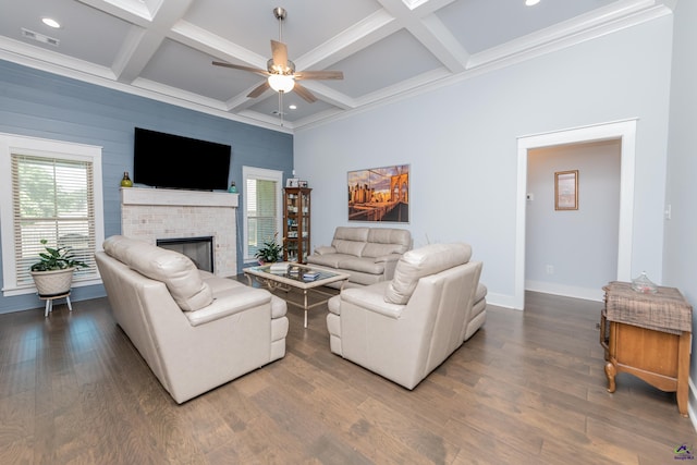 202 Brook Hollow Ct, Kathleen, GA 31047 - living area with a ceiling fan, coffered ceiling, a brick fireplace, wood finished floors, and beam ceiling