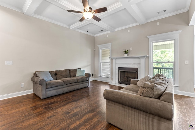 304 Kendall Ct, Perry, GA 31069 - living room featuring coffered ceiling, a ceiling fan, dark wood-style floors, a fireplace, and beam ceiling