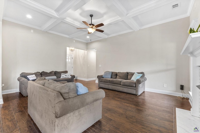 304 Kendall Ct, Perry, GA 31069 - living room with ceiling fan, beam ceiling, coffered ceiling, dark wood-style floors, and a fireplace
