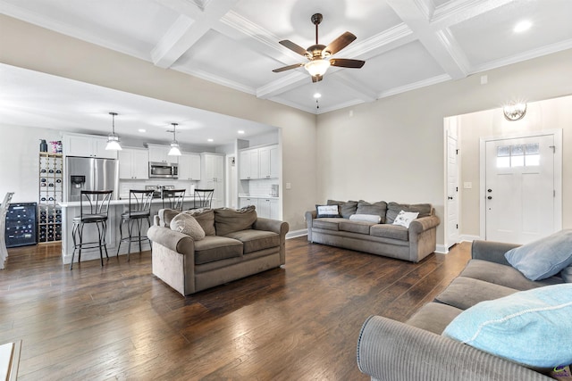 304 Kendall Ct, Perry, GA 31069 - living room featuring ceiling fan, dark wood finished floors, coffered ceiling, beamed ceiling, and recessed lighting