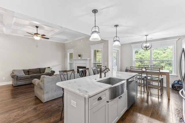 304 Kendall Ct, Perry, GA 31069 - kitchen with stainless steel dishwasher, dark wood-type flooring, a ceiling fan, light stone countertops, and coffered ceiling
