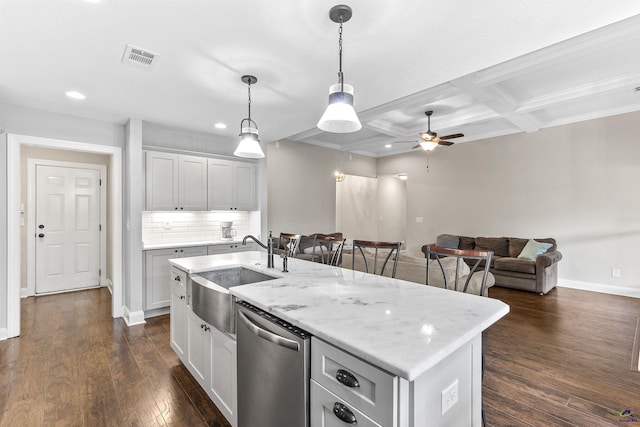304 Kendall Ct, Perry, GA 31069 - kitchen featuring dishwasher, a ceiling fan, recessed lighting, backsplash, and dark wood-style flooring
