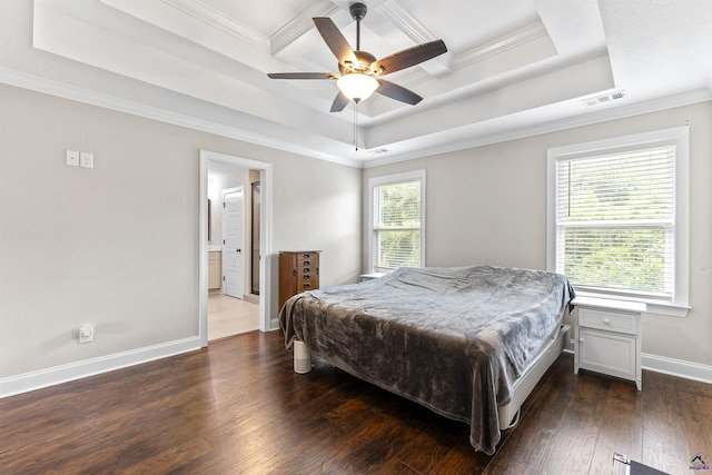 304 Kendall Ct, Perry, GA 31069 - bedroom with dark wood-style floors, crown molding, a tray ceiling, a ceiling fan, and coffered ceiling