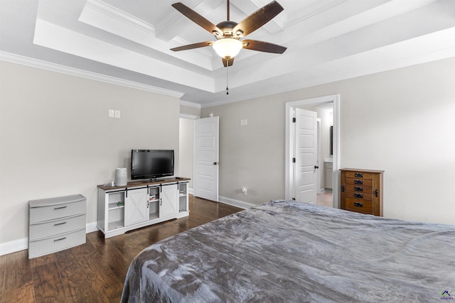 304 Kendall Ct, Perry, GA 31069 - bedroom with a tray ceiling, dark wood-style flooring, ornamental molding, and a ceiling fan