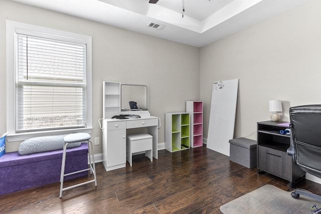 304 Kendall Ct, Perry, GA 31069 - office area with wood finished floors, ceiling fan, and a tray ceiling