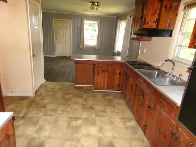 9533 US Highway 80 W, Culloden, GA 31016 - kitchen featuring exhaust hood, black electric stovetop, brown cabinetry, light countertops, and a peninsula