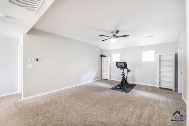 501 Adirondac Way, Bonaire, GA 31005 - workout room with ceiling fan and carpet floors