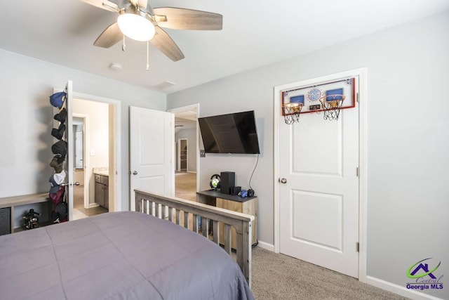 501 Adirondac Way, Bonaire, GA 31005 - bedroom featuring carpet flooring, a ceiling fan, and connected bathroom