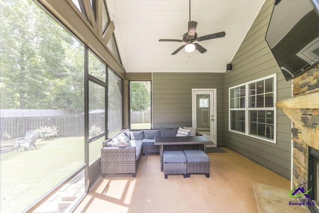 501 Adirondac Way, Bonaire, GA 31005 - sunroom / solarium featuring an outdoor living space with a fireplace, lofted ceiling, and a ceiling fan