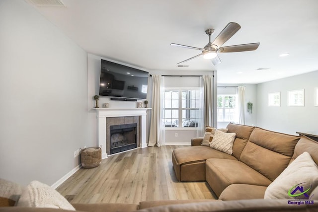 501 Adirondac Way, Bonaire, GA 31005 - living area with wood finished floors, ceiling fan, a fireplace, and recessed lighting