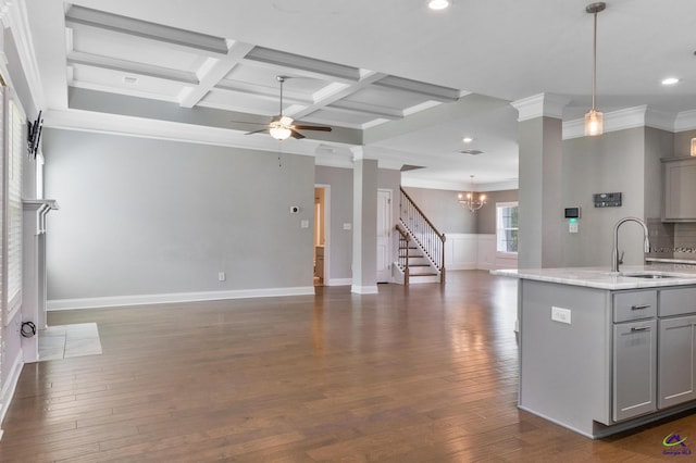 104 Taylor Leigh Ct, Kathleen, GA 31047 - kitchen with gray cabinetry, open floor plan, crown molding, a ceiling fan, and dark wood-type flooring