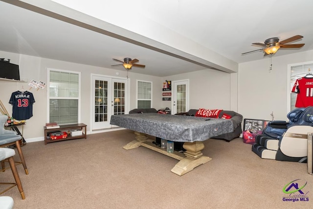 222 Duke Ln, Kathleen, GA 31047 - bedroom featuring french doors, carpet flooring, pool table, and a ceiling fan