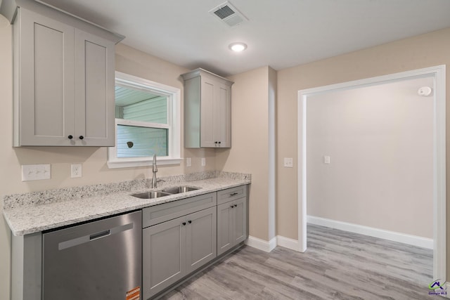 219 Christine Cir, Perry, GA 31069 - kitchen featuring dishwasher, gray cabinets, light wood-style floors, light stone countertops, and recessed lighting