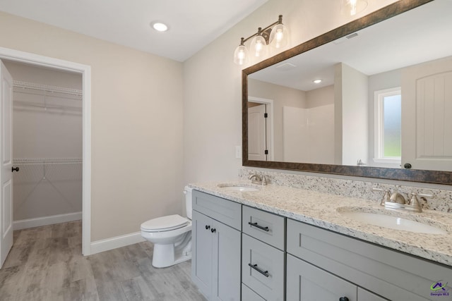 219 Christine Cir, Perry, GA 31069 - bathroom with wood finished floors, double vanity, a walk in closet, and a shower