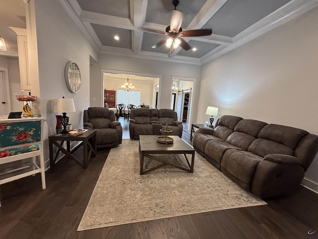 400 Rustic Live Oak Trl, Bonaire, GA 31005 - living area featuring a chandelier, dark wood-type flooring, coffered ceiling, a ceiling fan, and crown molding
