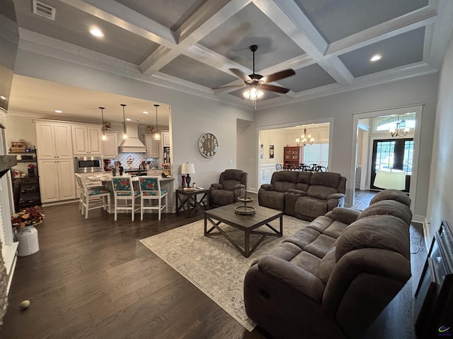 400 Rustic Live Oak Trl, Bonaire, GA 31005 - living area with a chandelier, ceiling fan, recessed lighting, coffered ceiling, and beamed ceiling