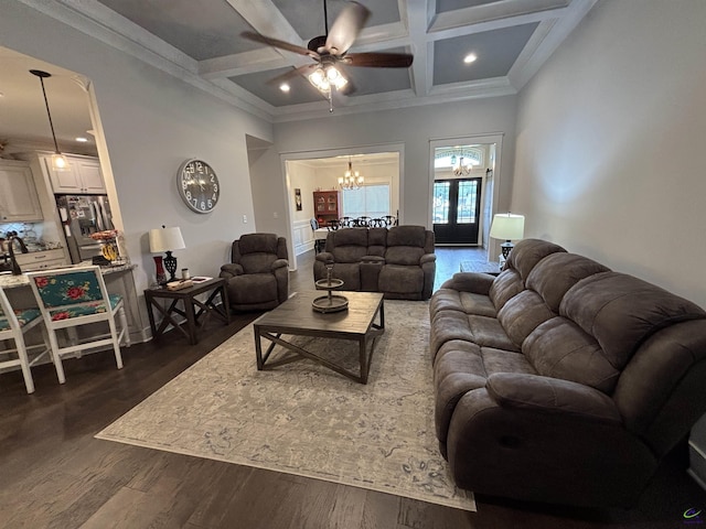 400 Rustic Live Oak Trl, Bonaire, GA 31005 - living area featuring coffered ceiling, a chandelier, a ceiling fan, dark wood-style floors, and beamed ceiling