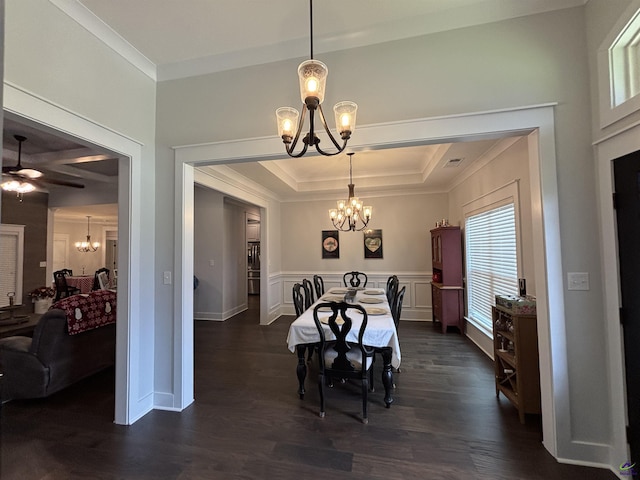 400 Rustic Live Oak Trl, Bonaire, GA 31005 - dining space with a chandelier, ornamental molding, a tray ceiling, dark wood-style flooring, and ceiling fan