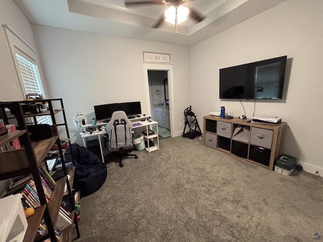 400 Rustic Live Oak Trl, Bonaire, GA 31005 - carpeted office with a ceiling fan and a raised ceiling