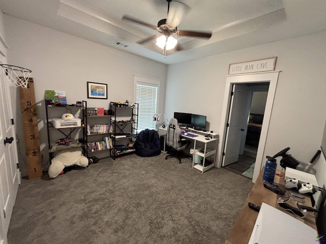 400 Rustic Live Oak Trl, Bonaire, GA 31005 - office featuring a raised ceiling, carpet flooring, and a ceiling fan