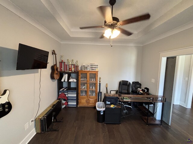 400 Rustic Live Oak Trl, Bonaire, GA 31005 - office space with a tray ceiling, dark wood-style flooring, a ceiling fan, and crown molding
