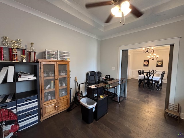 400 Rustic Live Oak Trl, Bonaire, GA 31005 - office area with dark wood-type flooring, a chandelier, ceiling fan, a raised ceiling, and crown molding