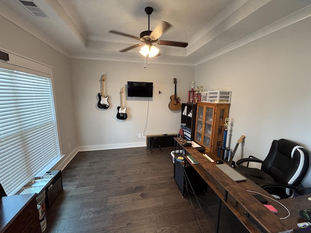400 Rustic Live Oak Trl, Bonaire, GA 31005 - office area featuring a raised ceiling, ceiling fan, wood finished floors, and crown molding