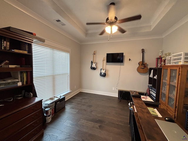 400 Rustic Live Oak Trl, Bonaire, GA 31005 - office with a raised ceiling, a ceiling fan, dark wood-style flooring, and crown molding