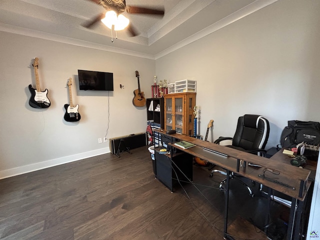 400 Rustic Live Oak Trl, Bonaire, GA 31005 - office area featuring a ceiling fan, ornamental molding, wood finished floors, and a tray ceiling
