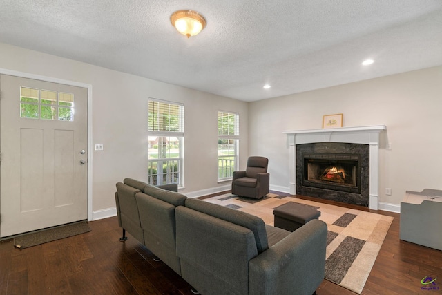 109 S Hiley Ct, Bonaire, GA 31005 - living room with dark wood-style flooring, a fireplace, plenty of natural light, recessed lighting, and a textured ceiling