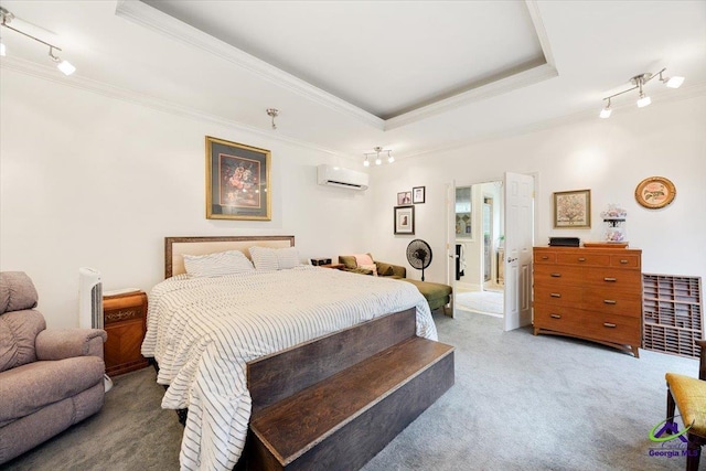 1414 Park Ave, Perry, GA 31069 - carpeted bedroom with an AC wall unit, ornamental molding, a tray ceiling, and rail lighting