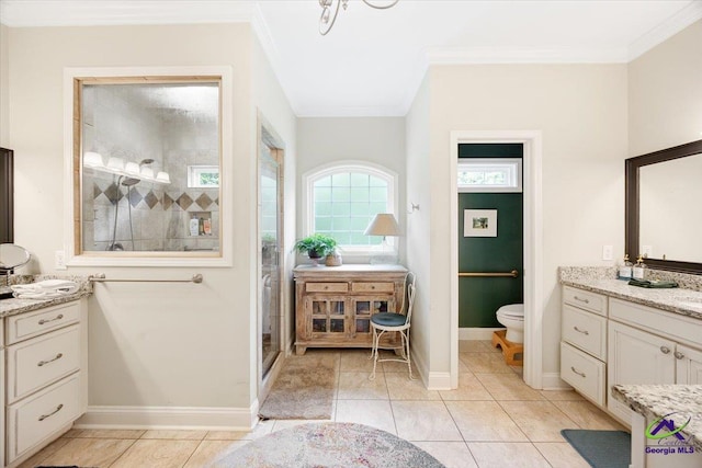 1414 Park Ave, Perry, GA 31069 - full bathroom with vanity, ornamental molding, a tile shower, and tile patterned flooring