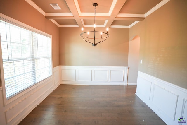 133 W River Cane Run, Perry, GA 31069 - unfurnished dining area with coffered ceiling, beam ceiling, a chandelier, dark wood finished floors, and wainscoting