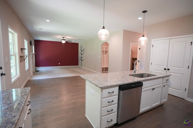 133 W River Cane Run, Perry, GA 31069 - kitchen featuring stainless steel dishwasher, a ceiling fan, dark wood-style floors, white cabinetry, and decorative light fixtures