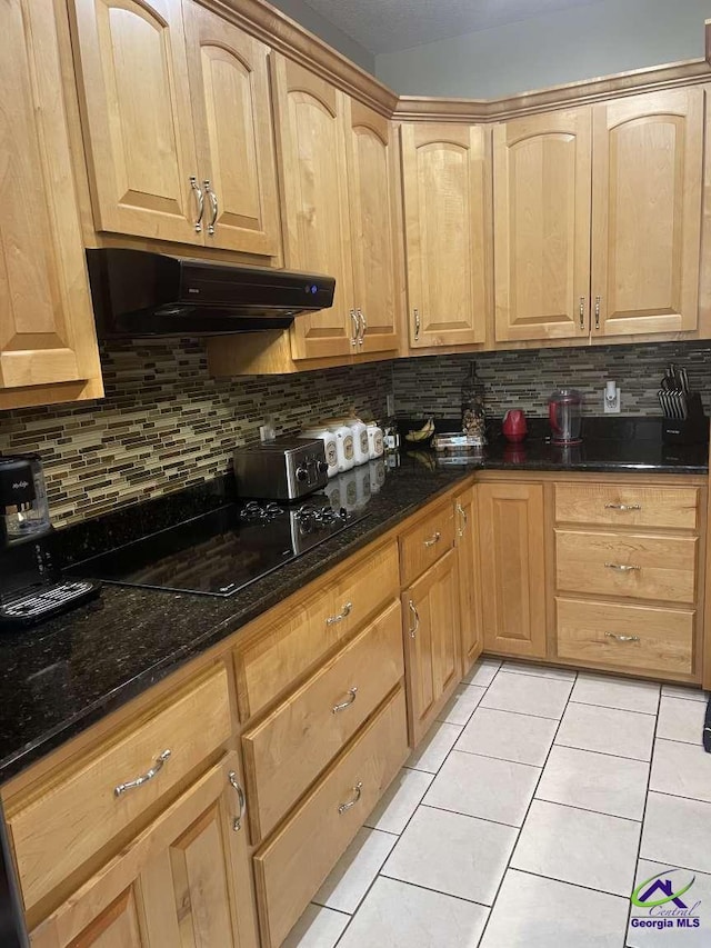 113 Ruzic Dr, Kathleen, GA 31047 - kitchen featuring under cabinet range hood, backsplash, and light tile patterned floors